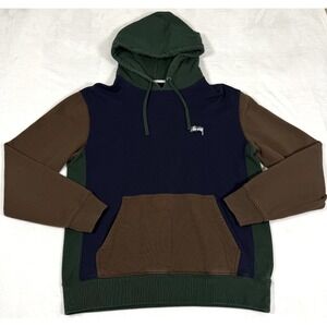 Stussy Colorblock Pullover Hoodie Men's L Green Navy Brown Embroidered Logo